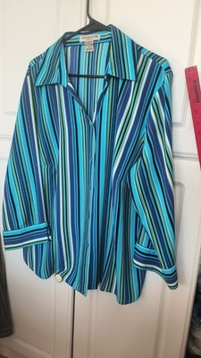 Notations Silk Button-Front Long-Sleeve Top Size 1X Striped (N2