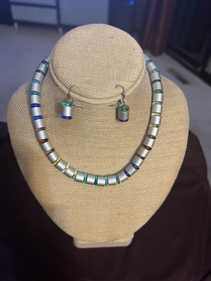 Artisan Aluminum Lucite Rainbow Cylinder Bead Necklace Earring Set Boutique Y2K