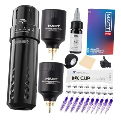 Mast Flip Tattoo Rotary Machine Wireless Pen Kit with 2 Batteries T1 Black