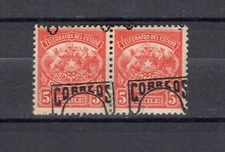 CHILE ERROR VARIETY 1904 Telegraph 5c on pair displaced overprint