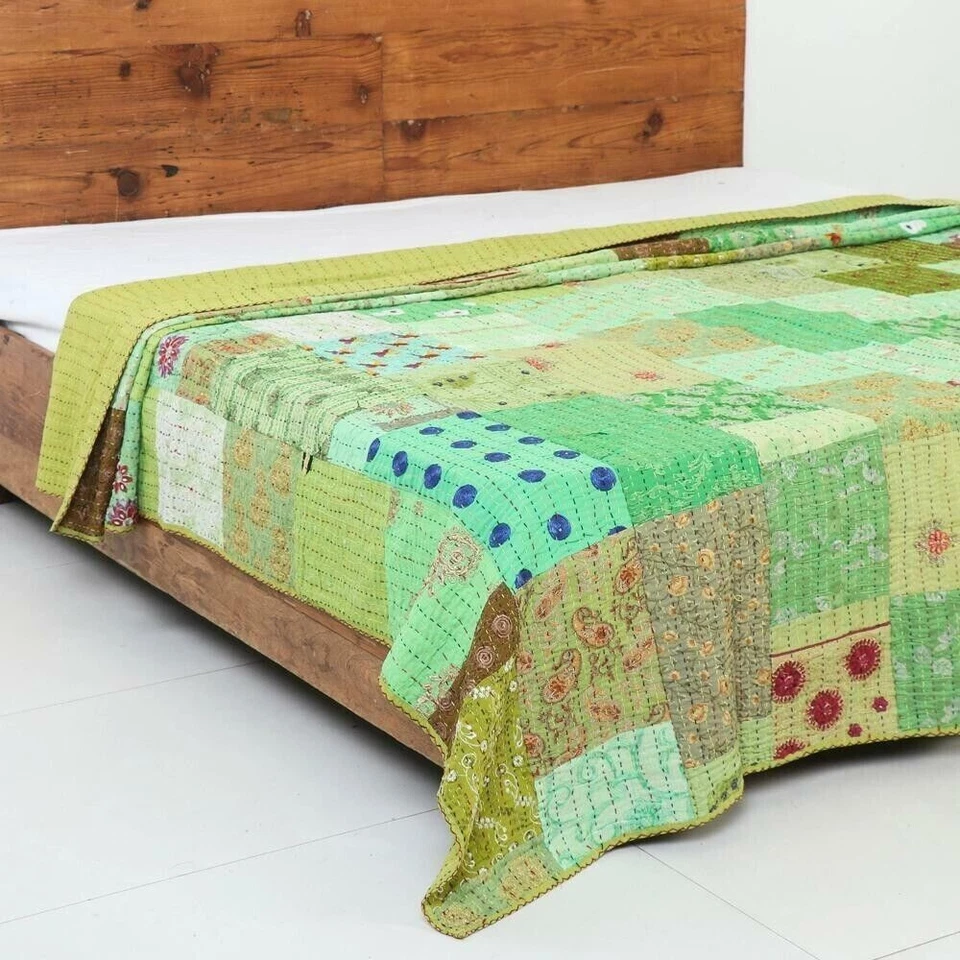 Manta de seda Kantha edredón indio patola bohemia colcha ropa de cama grande Foto 2 de 4
