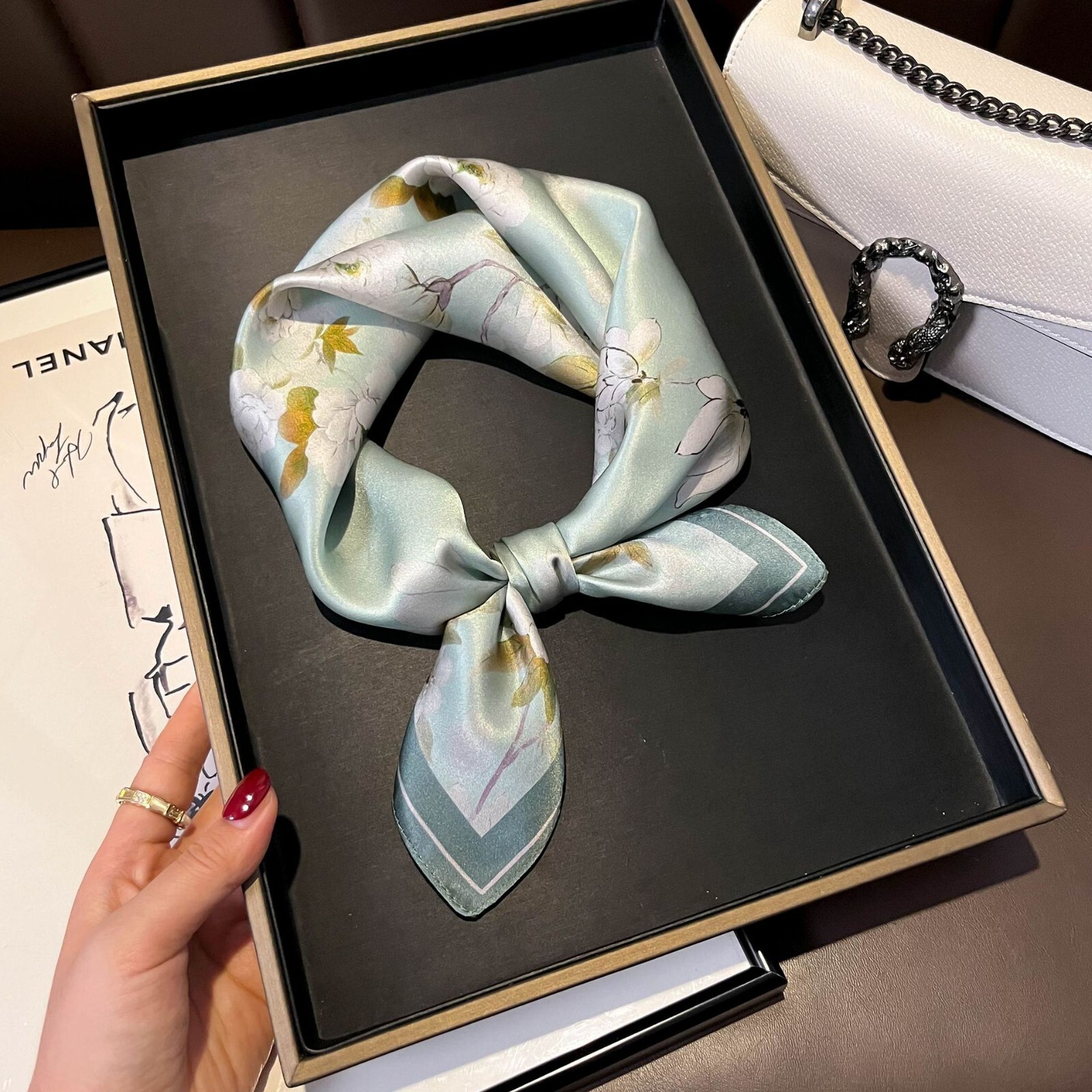 100% Silk Square Scarf for Women - Green & White 53x53 Bandana Wrap