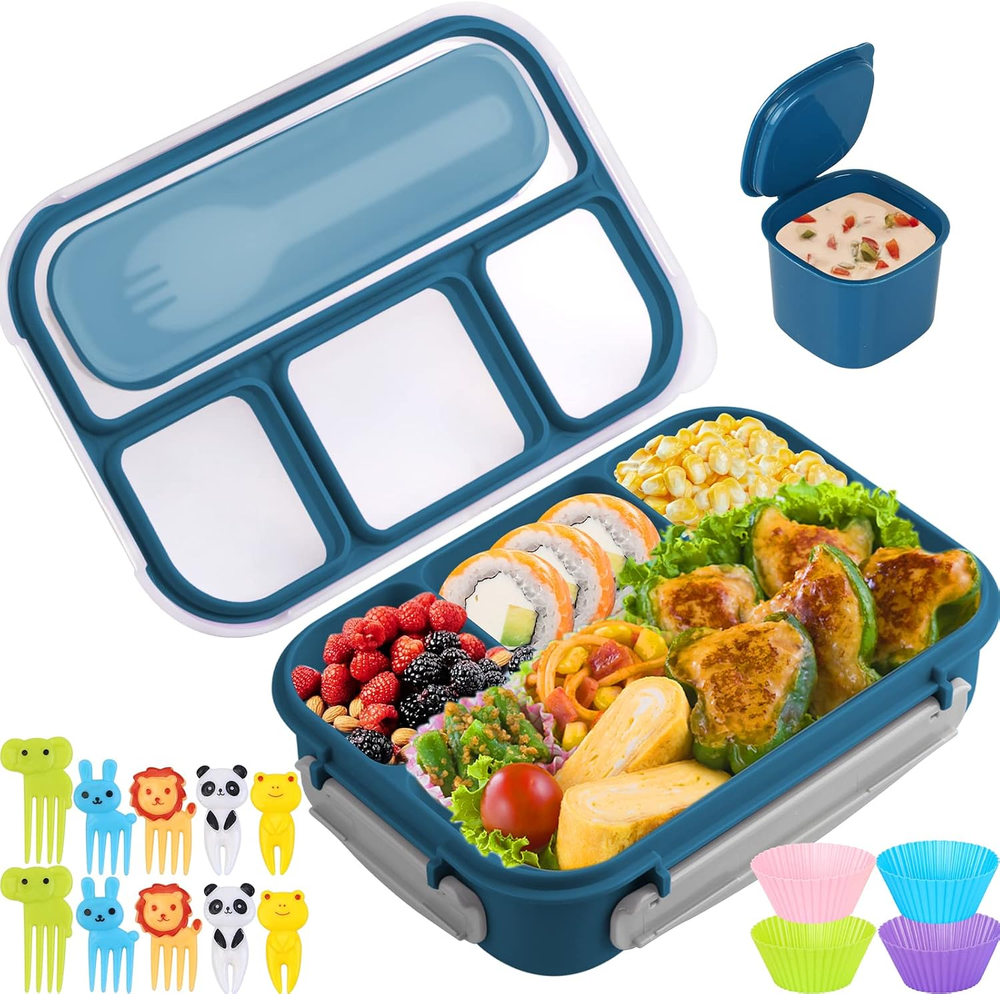 Bento Box, Lunch Box Kids, 1300ML Bento Box Adult Lunch Box with 4 Compartment &