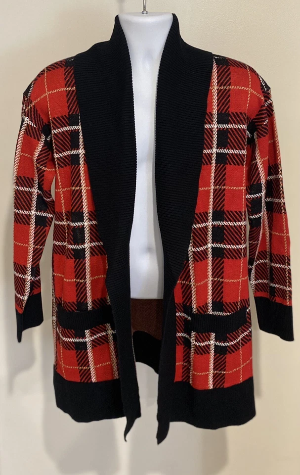 Nuevo con etiquetas Cárdigan Charter Club Para Mujer Suéter Chal Cuello Talla Grande Cuadros Rojo De Colección Foto 3 de 4