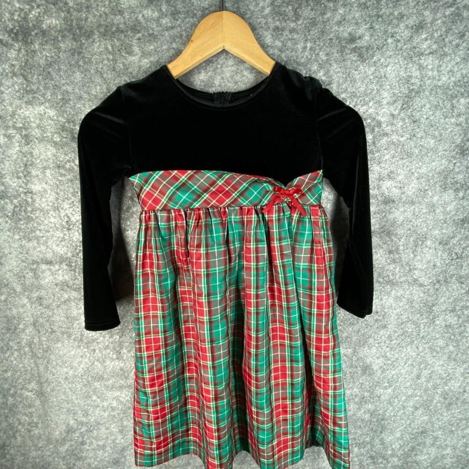 Hartstrings Dress Girls 6X Black Velvet Top Gold Metallic Red Green Plaid Skirt - Image 2 of 4
