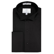 Men's Fitted Tuxedo Shirt Wing Collar French Cuffs Pleated Front Black Formal
