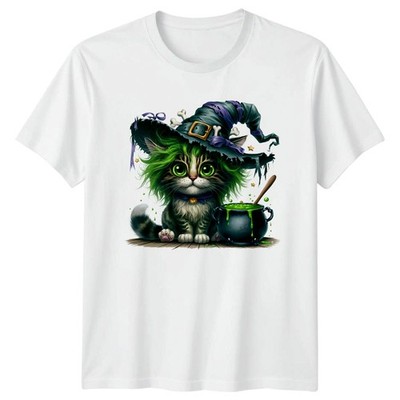 Süße Hexe Katze grün Haar Kessel T-Shirt Hexerei Kätzchen Halloween Geschenk