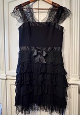 Oscar De La Renta Black Wool Silk Lace Cocktail Dress Knee Length 16 L/XL Ruffle