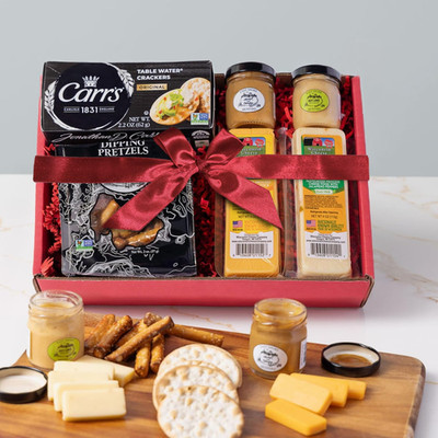 Wisconsin Cheese Company Holiday Gift Box w/ Cheese, Crackers, Pretzels, Mustard