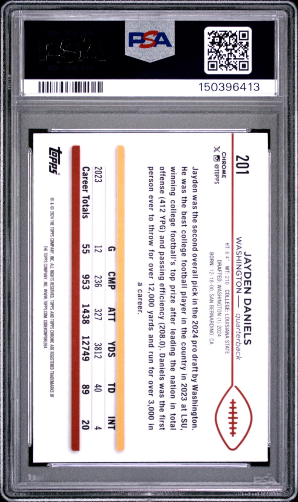 2024 Topps Chrome Jayden Daniels #201 Sepia Refractor RC PSA 8 Commanders view 2