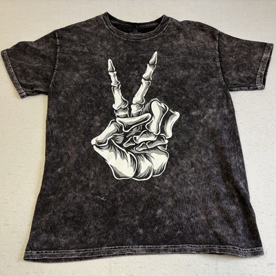 Hippie Skeleton Hand Peace Sign T-Shirt Mens Large Faded Black Faux Denim Goth