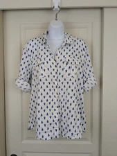Charter Club Linen Button Up Shirt Women L Floral Roll Tab Sleeve Lightweight 