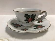 Vintage Lefton China Hand Painted Holly & Berries Christmas Cup and Saucer #7951