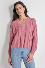 DKNY Jeans Women s Lightweight V-Neck Cable-Knit Sweater Pink Size S 1617