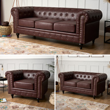 Chesterfield Sofa Suite Brown Faux Leather Armchair Couch | 1, 2 & 3 Seater Sets