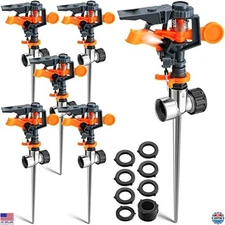 6-Pack Pulsating Metal Spike Sprinkler - Adjustable Rotating Impact for Lawns