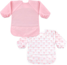 2 Pack Long Sleeve Baby Bib with Pink Bow Print Waterproof Easy Wipe Smock Bib