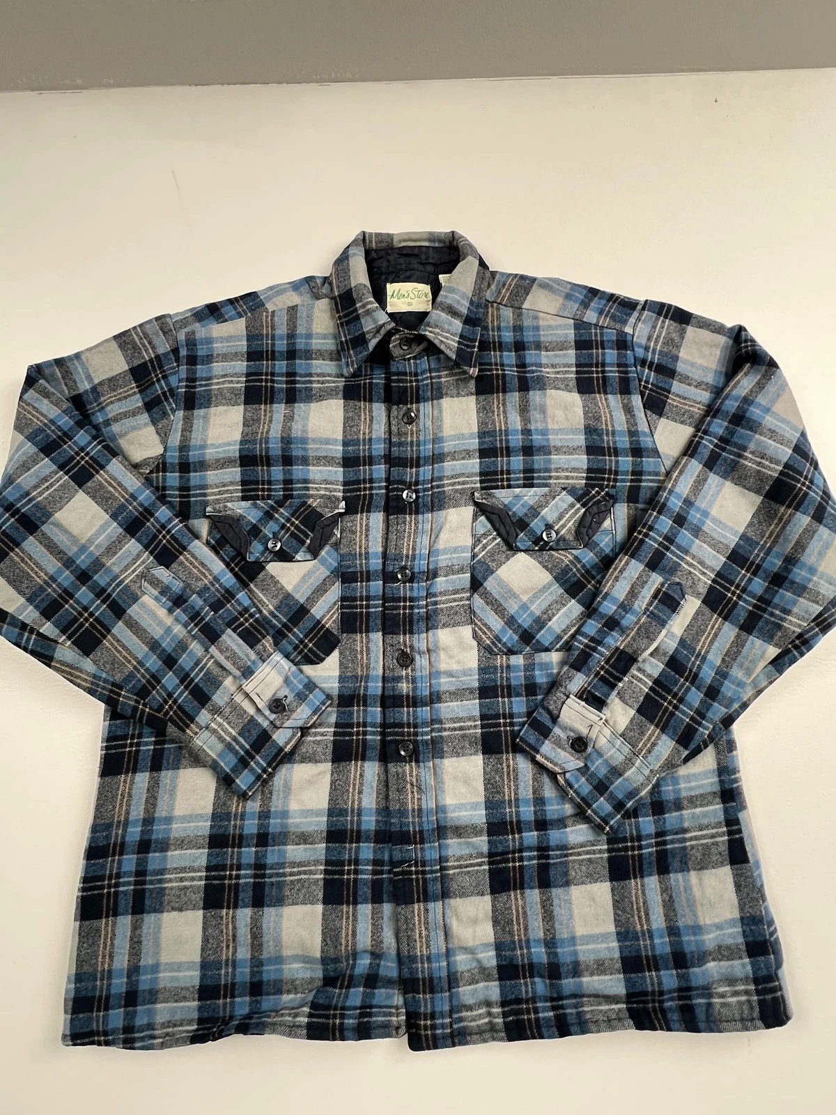 Vintage Men's Store Jacket Mens Medium Blue Plaid Quilted Flannel Insulated