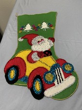 Bucilla Vintage Felt Hand Made Sequin Beaded Santa In Car Christmas Stocking