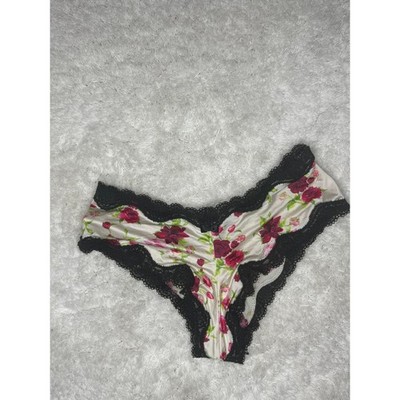 Victoria s Secret Floral Lace Trim Cheeky Panty Black Lace Rose Print Size S Y2K