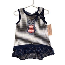 Little Lass owl sundress blue striped rhinestones bow lightweight Size 4T.