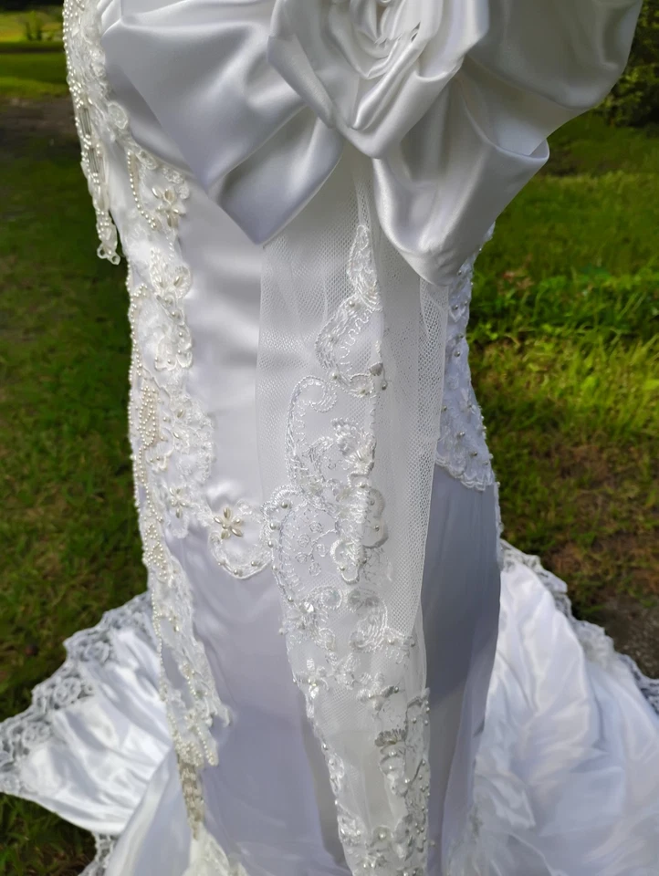 Moonlight Trumpet Mermaid Sz12 Vintage 1991 Train High Neck Puffy Sleeves White - Image 3 of 4