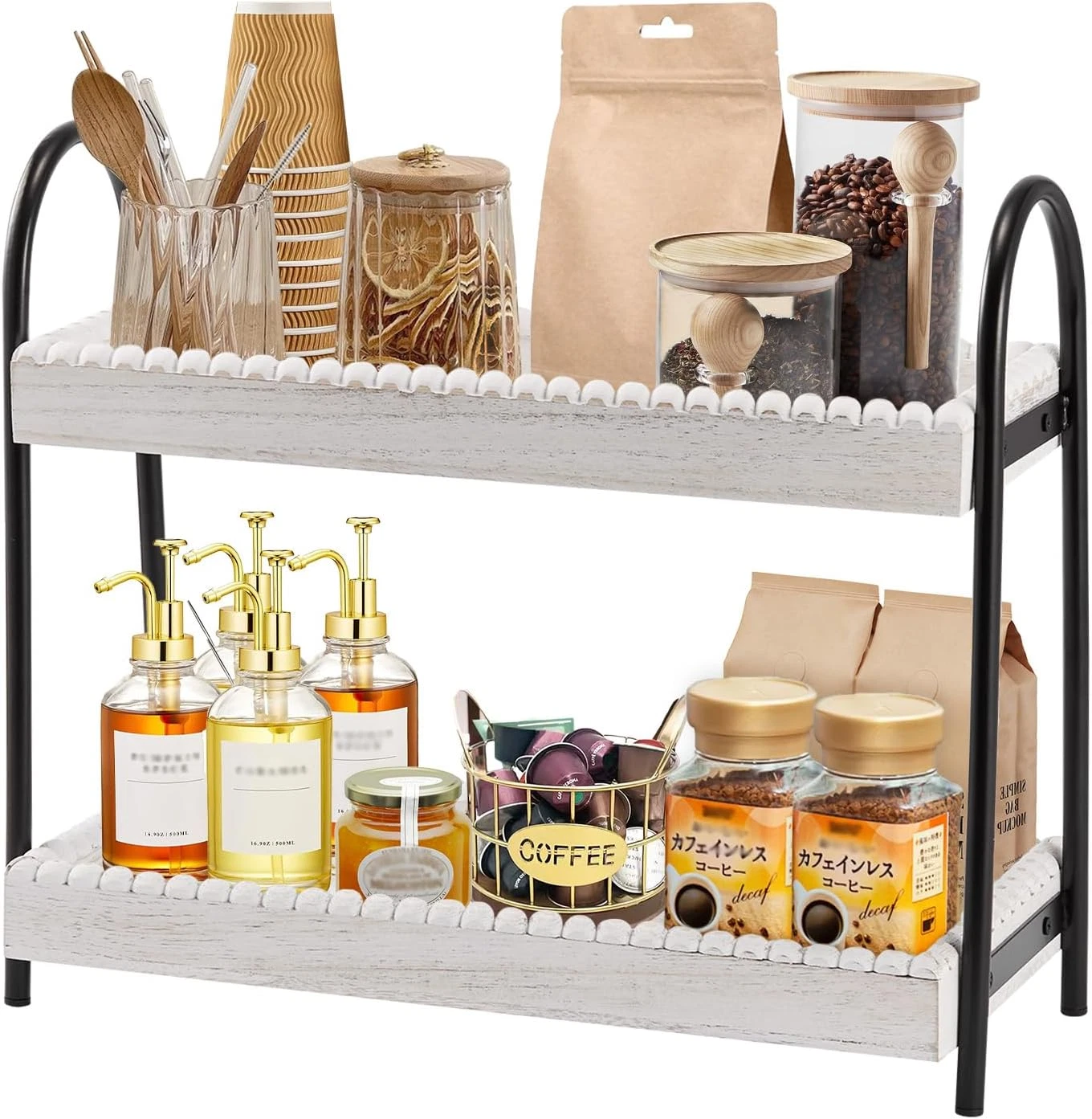 2 Tier Coffee Bar Organizer, Wood Coffee Bar Accessories Shelf for Countertop, R