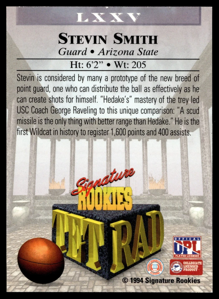 1994 Signature Rookies Tetrad Stevin Smith #LXXV Autographs SN,AU Sun Devils - Image 2 of 2