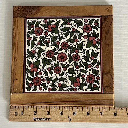 Vintage Tile Trivet Ceramic Floral Olive Wood Frame 8” image 7