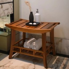 Shower Teak Stool Spa Bench Seat Bath Room Chair Wooden Storage Bathing Handle