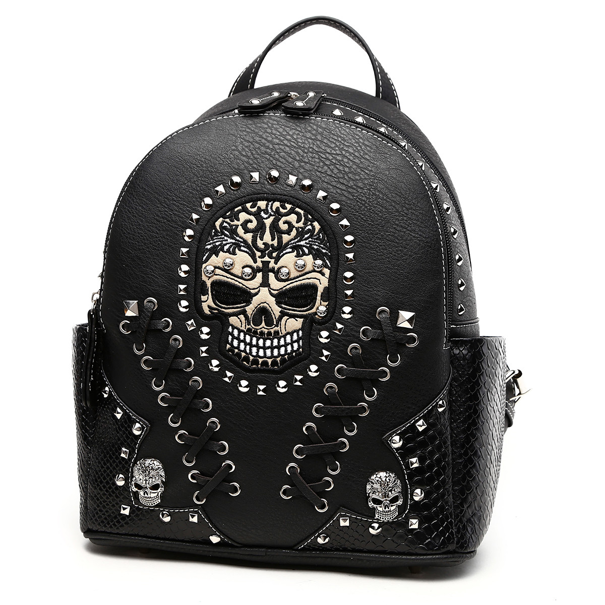 Punk Skull Rivet Stud Biker Backpack Wallet Set Vegan Leather Daypack Punk Gothic Skull Rivet Studded Biker Purse Women Backpack  main image 4