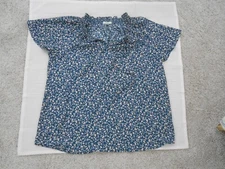 PLEIONE Women's Blouse Blue White Floral Print V Neck Cap Sleeve Size M