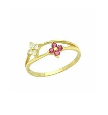 14K Yellow Gold Pink and Clear CZ Flower Ring for Baby and Kids