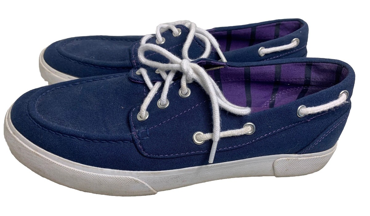 Polo Ralph Lauren Devin Boat Shoes Women B Navy Blue Canvas White Laces  Beachy