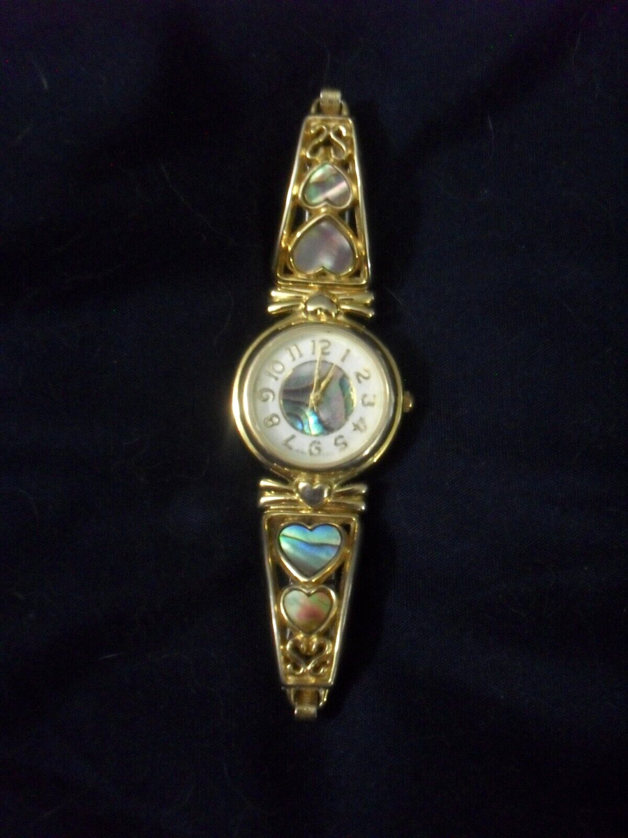 Vintage Abalone Quartz two tone ladies watch with stretch band 12 Vintage Watches Women Stretch Band Leather Abalone Quartz  main image 4