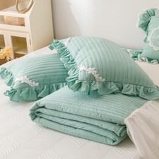 2PCS Padded Quilted Pillowcases Lace Applique Ruffled Bed Pillow Case Bedroom