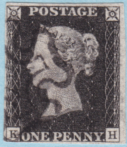 Great Britain 1840 Penny Black SG 2 Plate 2 (KH) 4 Margins Used Black MX - Picture 1 of 2