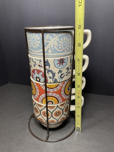 Pier 1 Stackable Moroccan Boho Paisley Stacked Coffee Tea Mug Cup Set Of 4 - Picture 2 of 15
