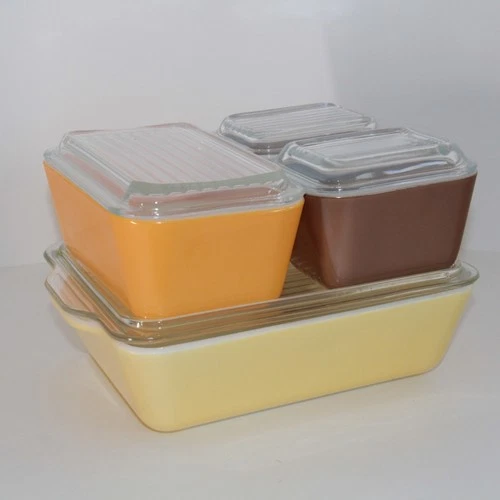 Vintage Pyrex Refrigerator Dish Set 8 Piece with Glass Lids, Yellow Orange Brown