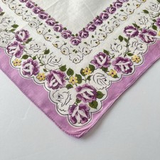 VTG Floral Hankie Cotton Roses Lavender Purple Yellow White 12x12"