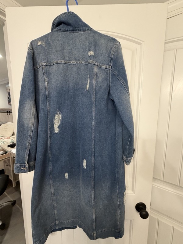 BBJ Los Angeles Women’s 1X Distressed Long Denim Duster Jacket Blue Jean Coat
