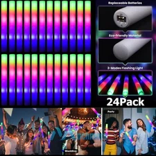 24Pcs Light Up LED Foam Sticks Wands Rally Flashing Glow Party LED Wands 3 Modes