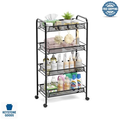 Black 4-Tier Metal Utility Cart with Hooks & Wheels