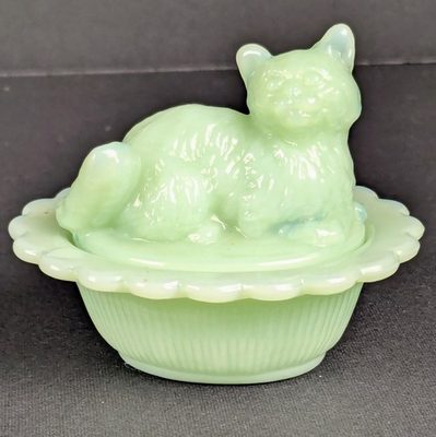 #ad Mosser Jadeite Mini Cat on Nest Green Milk Glass Figurine Marked M Salt Cellar $89.00