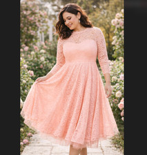 Torrid Pink Lace Midi Dress 10 00 Illusion Neck 3/4 Sleeve A-Line Wedding Guest