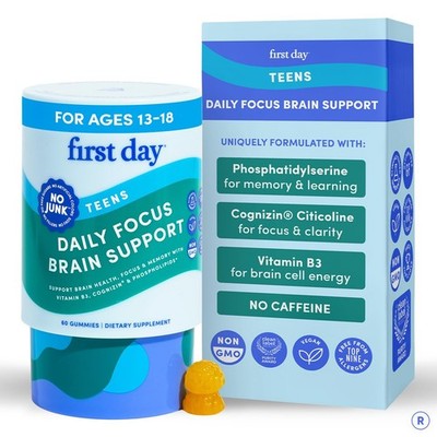 First Day Teen Brain Focus Supplement Gummies Ages 1318 Study Concentration