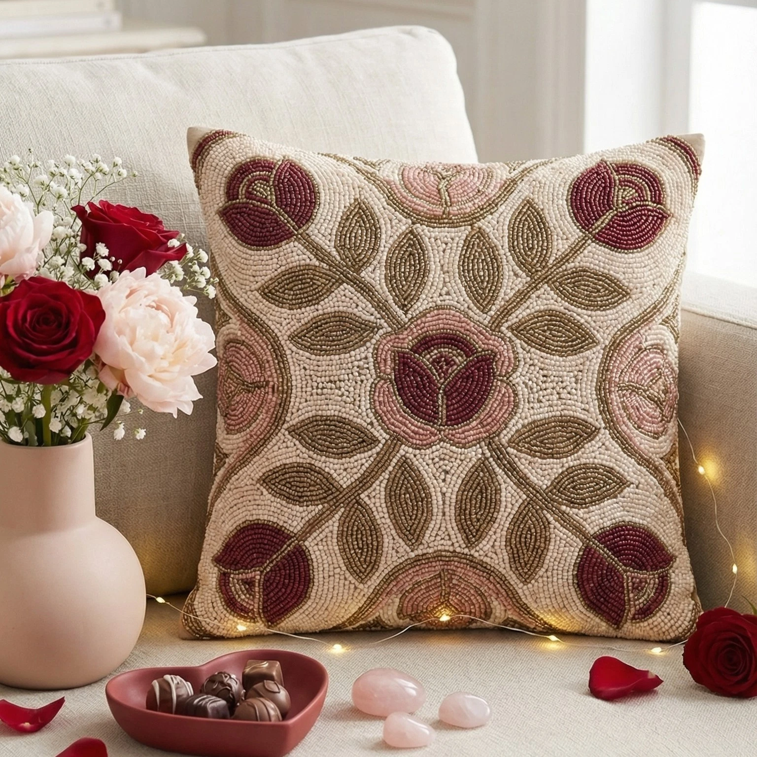 Handcrafted Beaded Rose Throw Pillow Cover – Floral Artisan Decor, 16x16 18x18
Opens in a new window