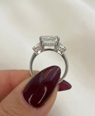 UNIQUE 5.10 Ct E/VVS2 Hidden Halo Three Stone Emerald Cut Lab Grown Diamond Ring