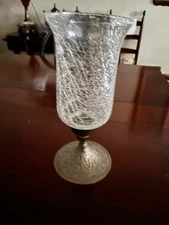Etched Brass Crackle Glass Candle Holder Taper Candle Vintage 