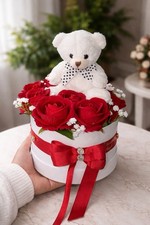 Artificial Rose Flower Box with Teddy Bear, Red White, Romantic Theme